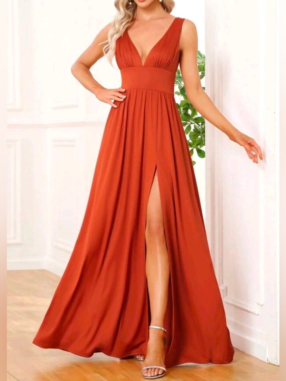 New Luxe Deep V Split Leg Maxi Dress Flowy Rust Orange - Picture 3 of 9